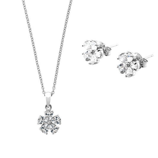 純銀鋯石花花頸鏈及耳環套裝