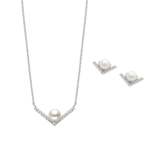 純銀V型淡水珍珠頸鏈及耳環套裝