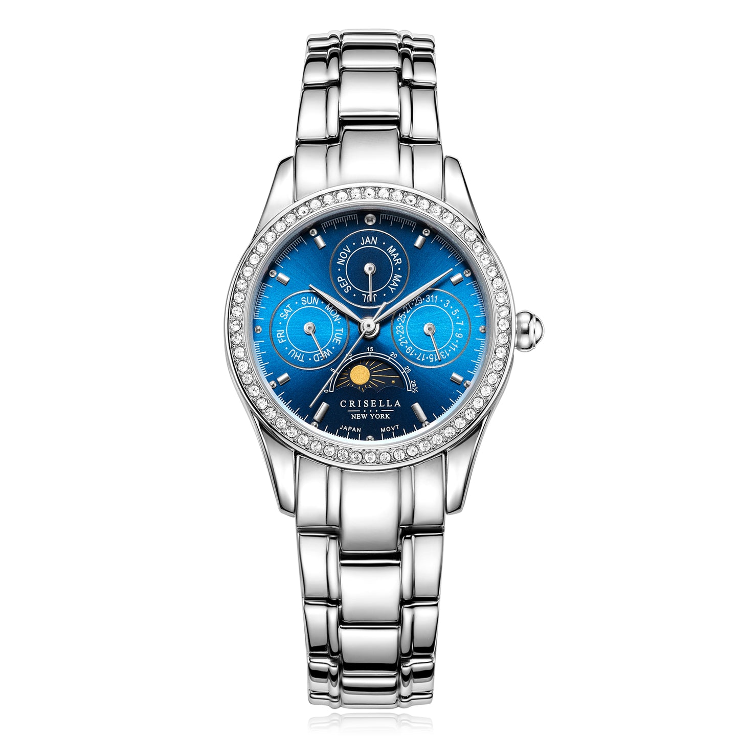 日月星辰鋯石金屬石英手錶