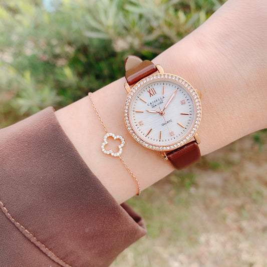 優雅時尚鋯石真皮石英手錶