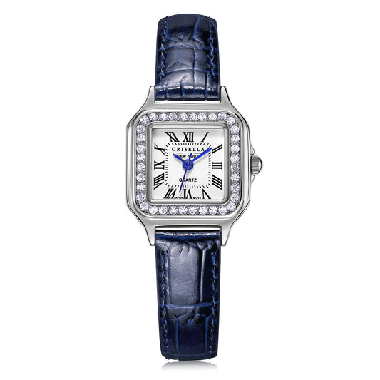 經典閃爍鋯石圈真皮石英手錶