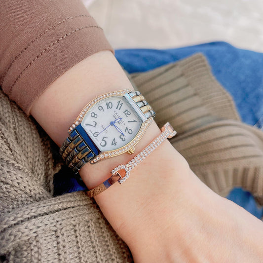 經典酒桶型鋯石金屬石英手錶