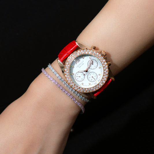 彩虹閃爍鋯石真皮石英手錶