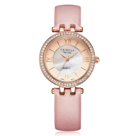 優雅鋯石緞面錶帶石英手錶