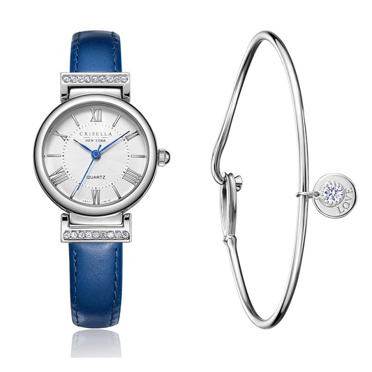 優雅復古鑲水晶真皮女士手錶手鐲套裝