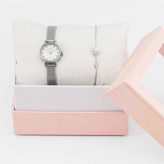 優雅復古鋼織帶石英手錶配珍珠手鏈套裝