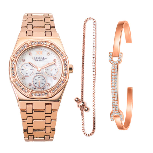 優雅八角型錶盤鋯石石英手錶配閃爍手鏈手鐲套裝
