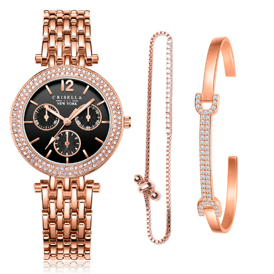 經典閃爍金屬腕錶配閃爍手鏈手鐲套裝
