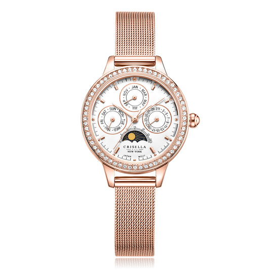 日月星辰鋯石鋼織帶石英手錶