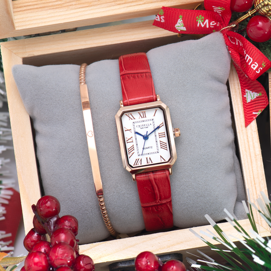 簡約百搭長方形皮革手錶配手鐲套裝