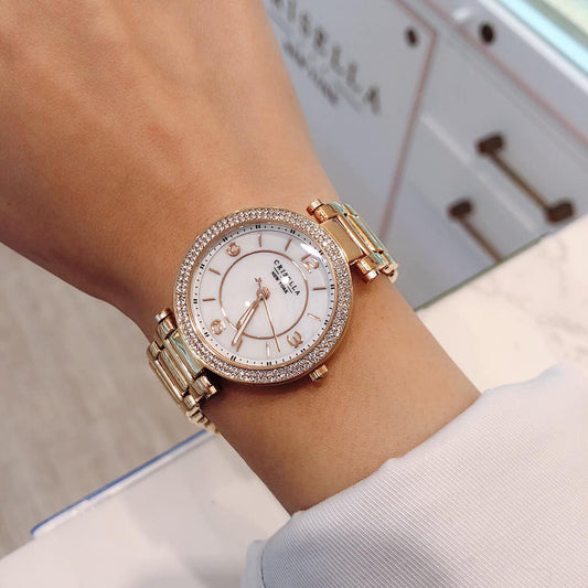 閃爍鋯石金屬石英手錶