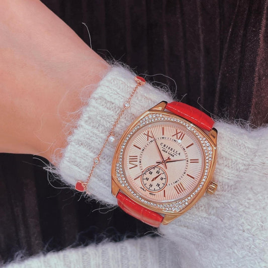 閃爍皮革手錶配小珍珠心手鍊套裝