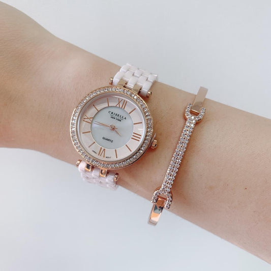 閃爍高貴陶瓷石英手錶配骨型閃爍手鐲套裝