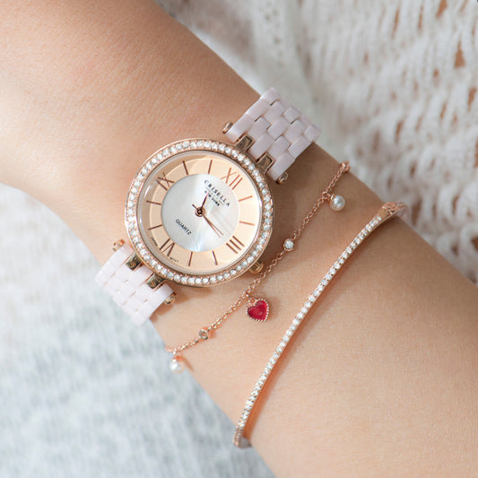 閃爍高貴陶瓷石英手錶配閃爍手鐲手鏈套裝