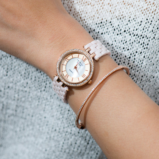 閃爍高貴陶瓷石英手錶配閃爍手鐲套裝