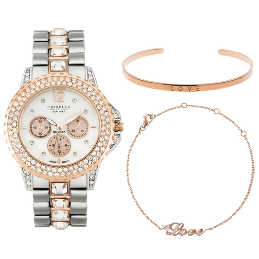 優雅閃爍鋯石金屬石英手錶配簡約手鏈手鐲套裝