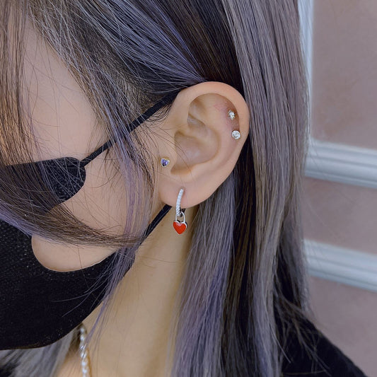 純銀紅色瓷漆心形吊飾鋯石耳環