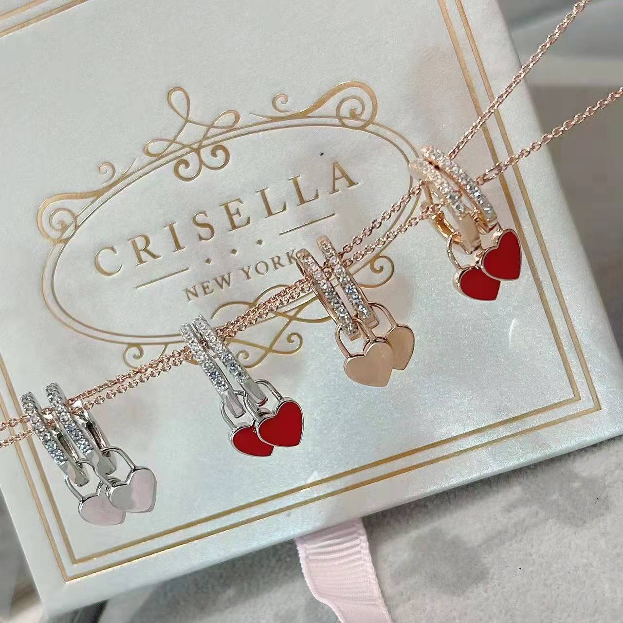 純銀紅色瓷漆心形吊飾鋯石耳環