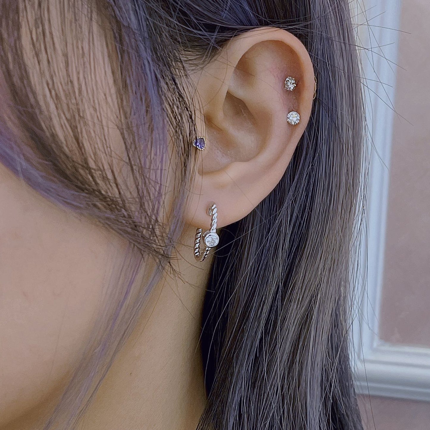 扭紋鋯石半圈純銀耳環