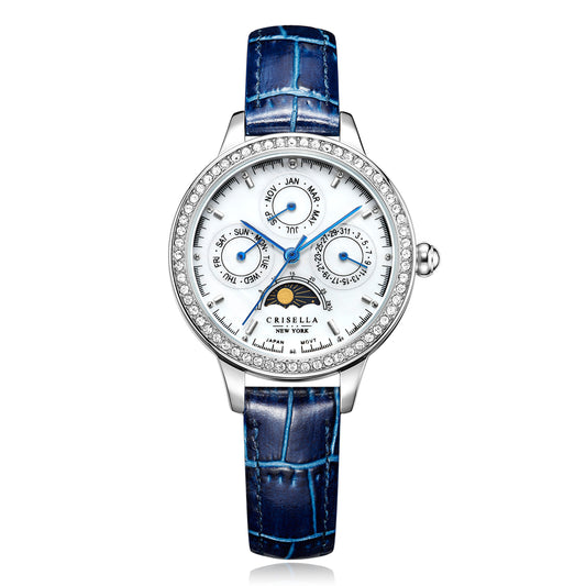 日月星辰鋯石真皮手錶