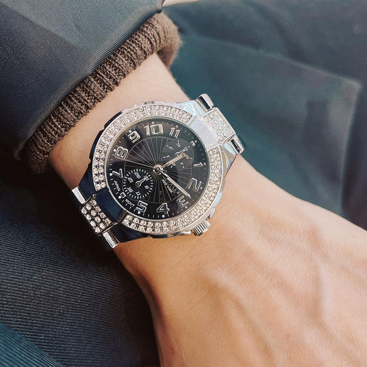 鑲水晶金屬錶帶指針石英女士腕錶