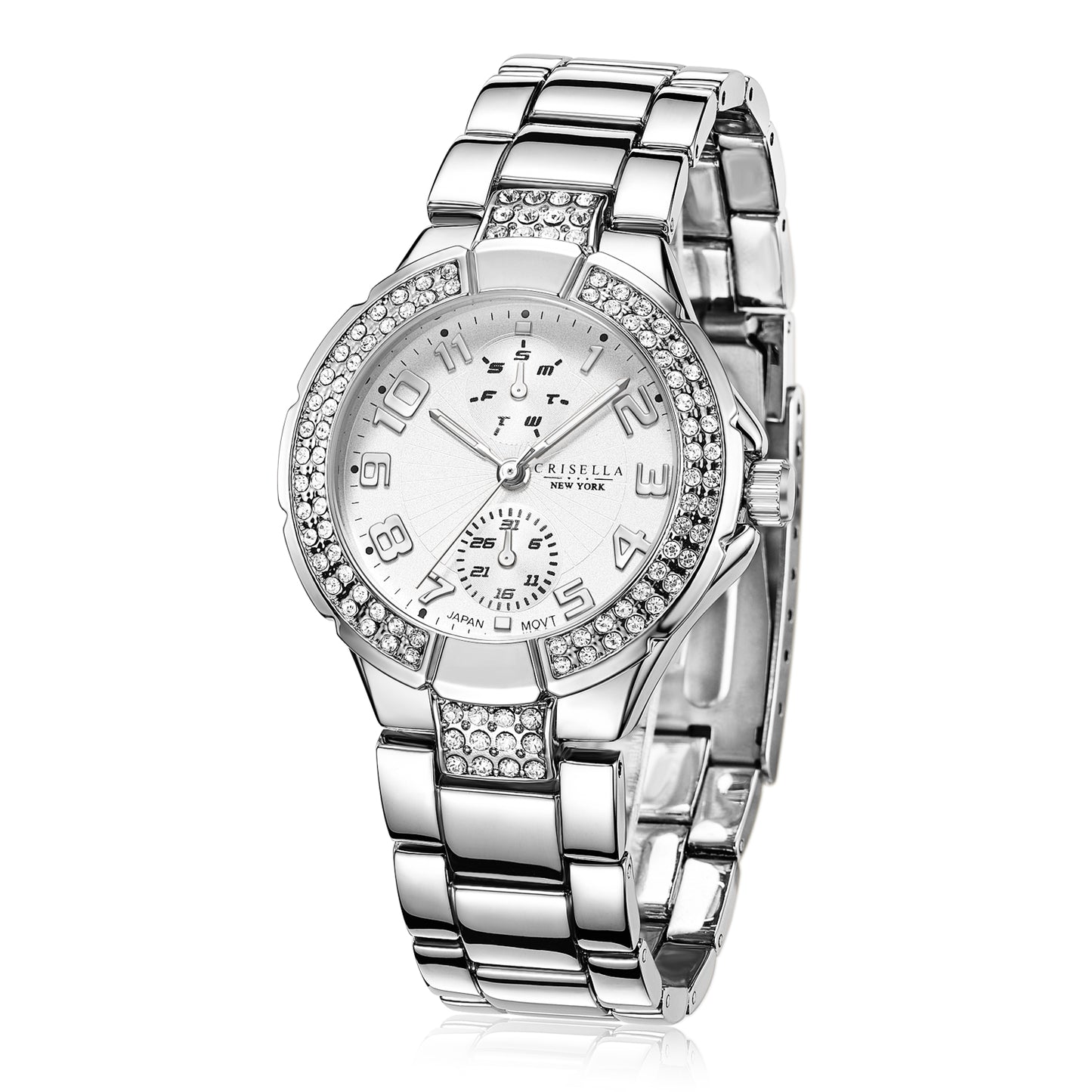 鑲水晶金屬錶帶指針石英女士腕錶