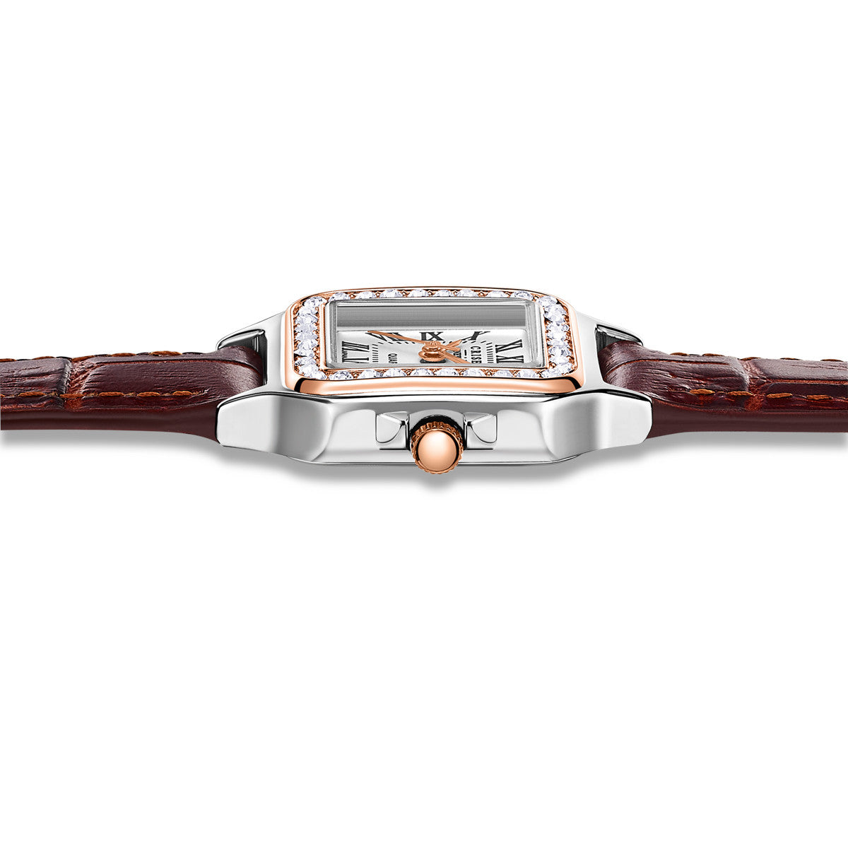 經典閃爍鋯石圈真皮石英手錶