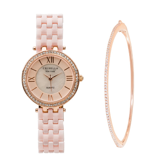 閃爍高貴陶瓷石英手錶配閃爍手鐲套裝