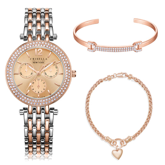 經典閃爍金屬腕錶配閃爍手鐲手鏈套裝