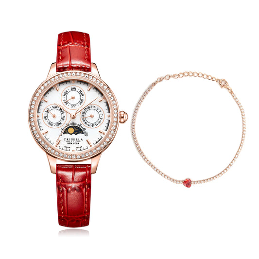 日月星辰多功能皮帶手錶配心形鋯石手鏈套裝