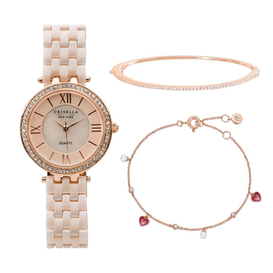 閃爍高貴陶瓷石英手錶配閃爍手鐲手鏈套裝
