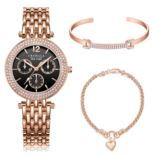 經典閃爍金屬腕錶配閃爍手鐲手鏈套裝