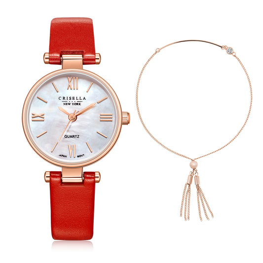 簡約圓形錶盤皮革手錶配手鏈套裝