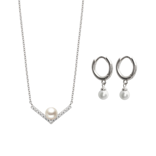V 型配珍珠項鍊配珍珠吊環耳環套裝