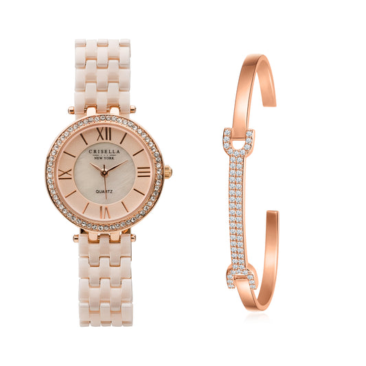 閃爍高貴陶瓷石英手錶配骨型閃爍手鐲套裝