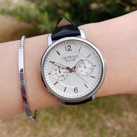 簡約大錶盤真皮石英手錶