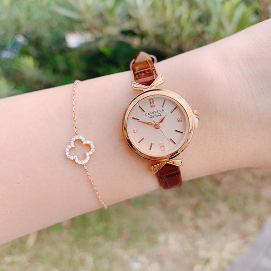 小巧雅致圓形真皮石英手錶