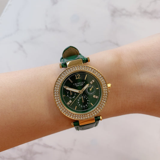 閃爍鋯石皮帶石英腕錶