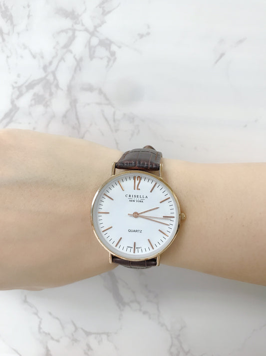 簡約大錶盤真皮石英手錶