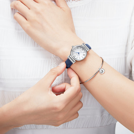 優雅復古鑲水晶真皮女士手錶手鐲套裝