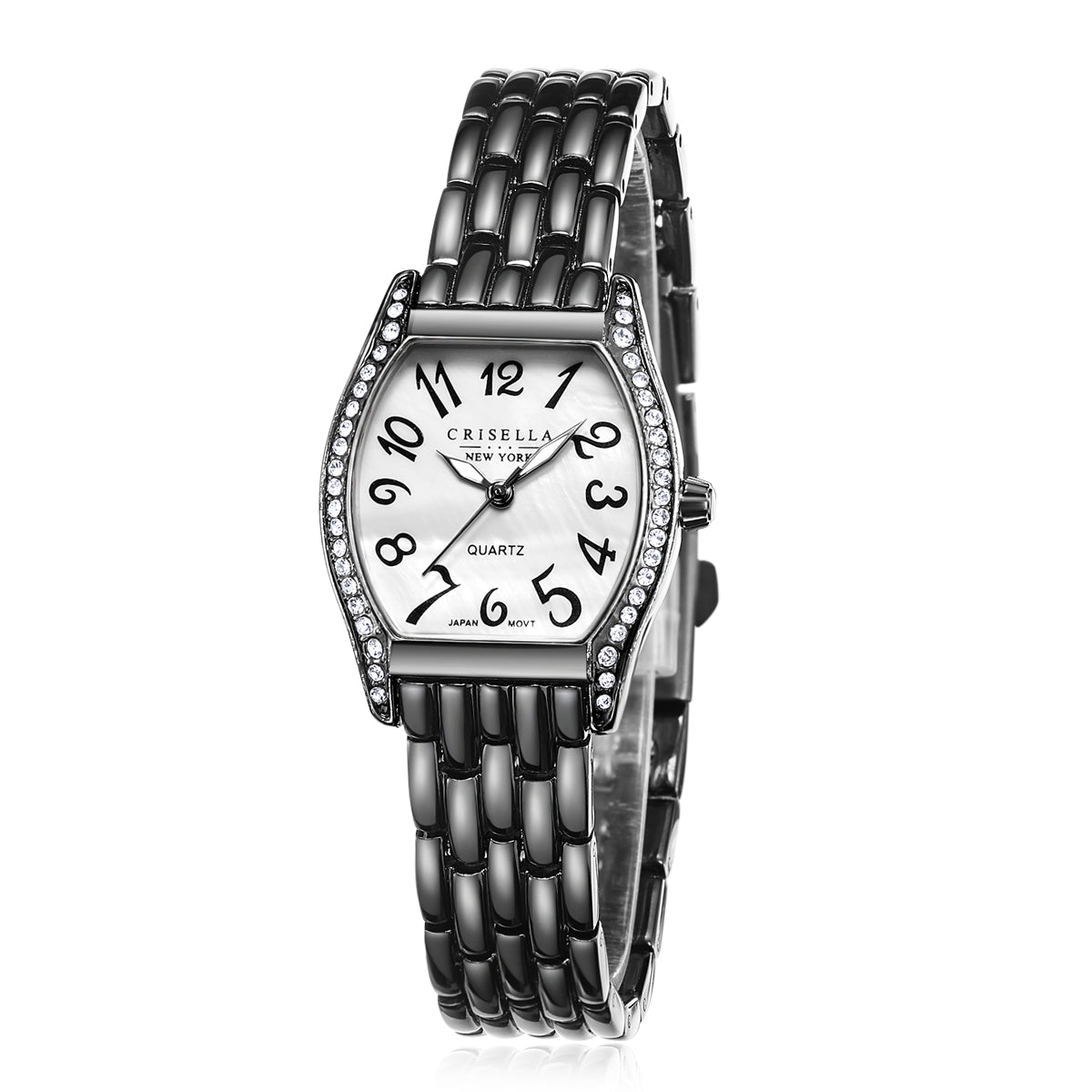 經典酒桶型鋯石金屬石英手錶