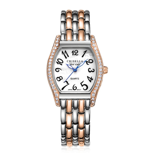 經典酒桶型鋯石金屬石英手錶