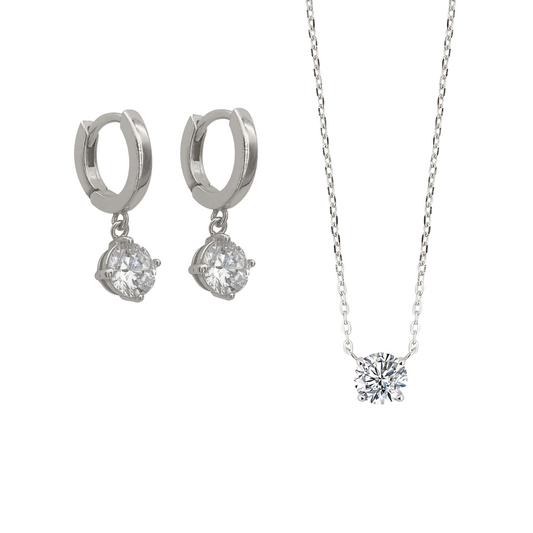 純銀簡約圓形鋯石頸鏈及垂吊耳環套裝