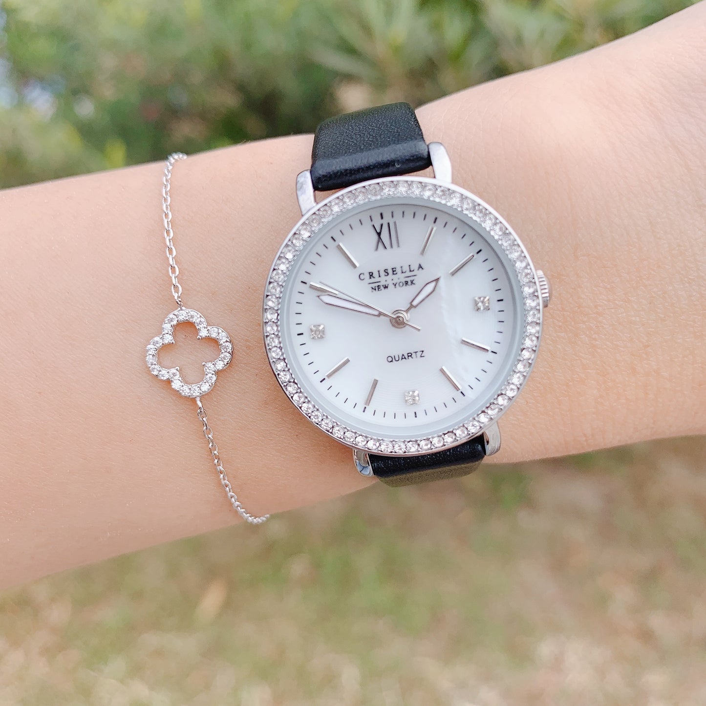 優雅時尚鋯石真皮石英手錶