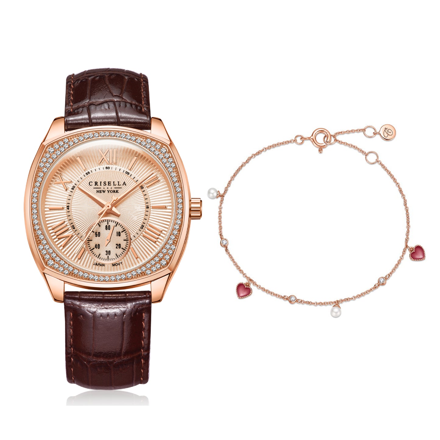 <transcy>Modern Stylish Leather Watch with Little Pearl Heart Bracelet Set</transcy>