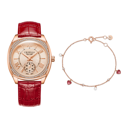 <transcy>Modern Stylish Leather Watch with Little Pearl Heart Bracelet Set</transcy>