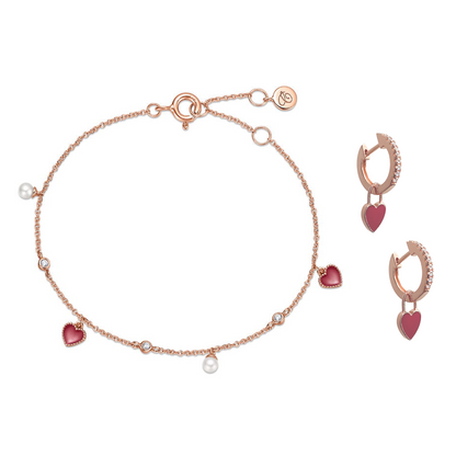 <transcy>Little Pearl Heart Bracelet with Enamel Heart Charm Crystal Huggie Earrings Set</transcy>