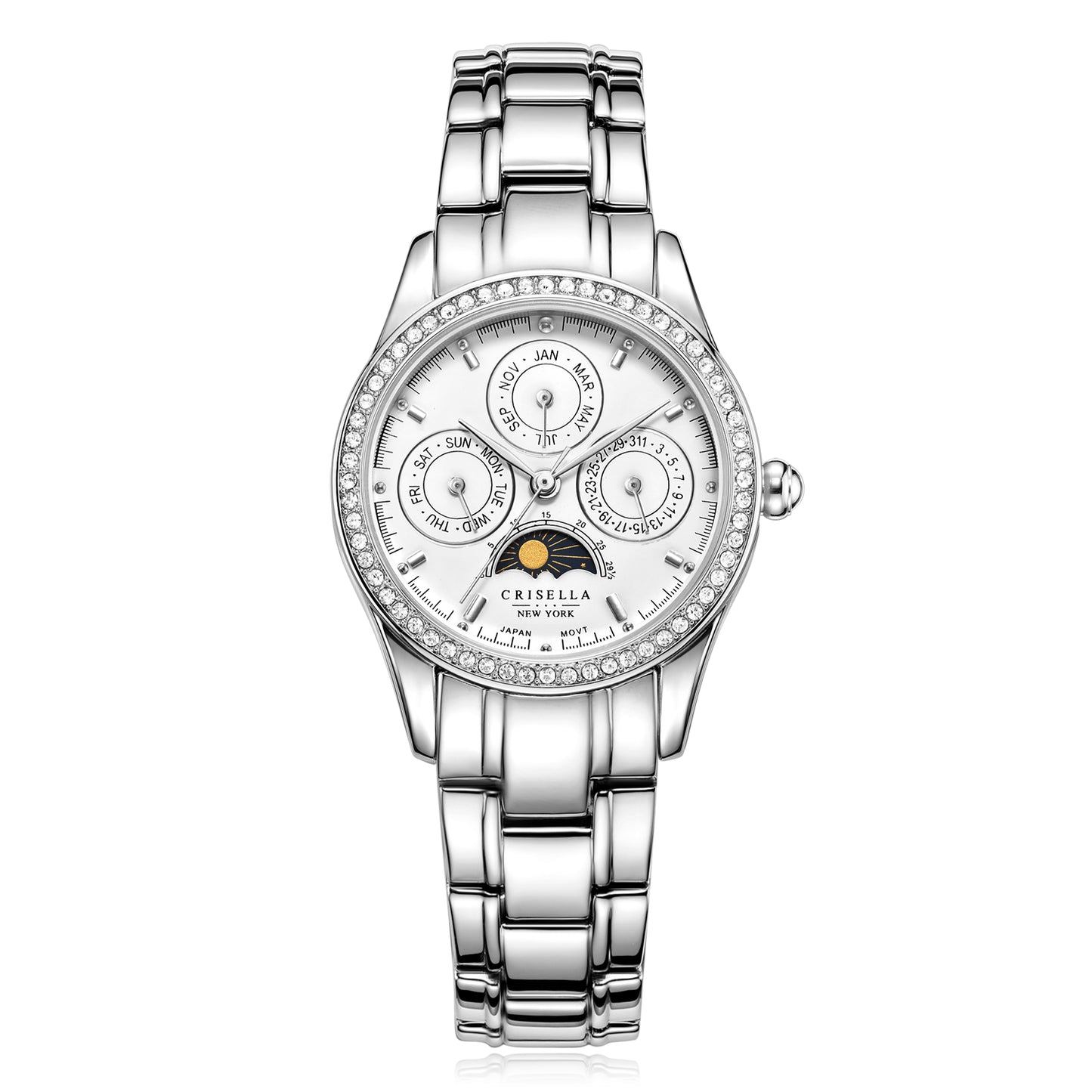 日月星辰鋯石金屬石英手錶