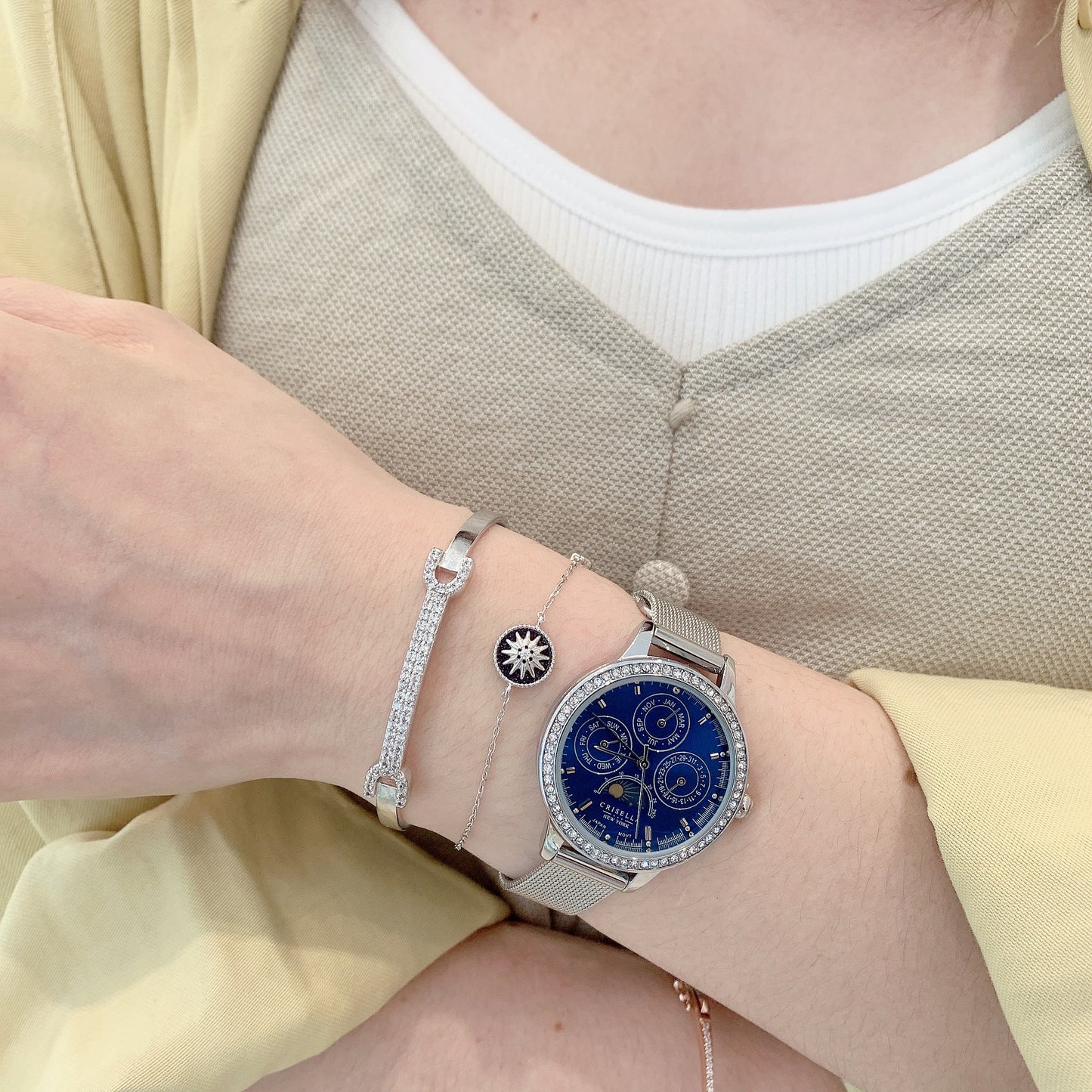 日月星辰鋯石鋼織帶石英手錶