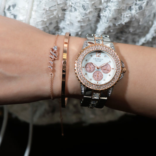 優雅閃爍鋯石金屬石英手錶配簡約手鏈手鐲套裝